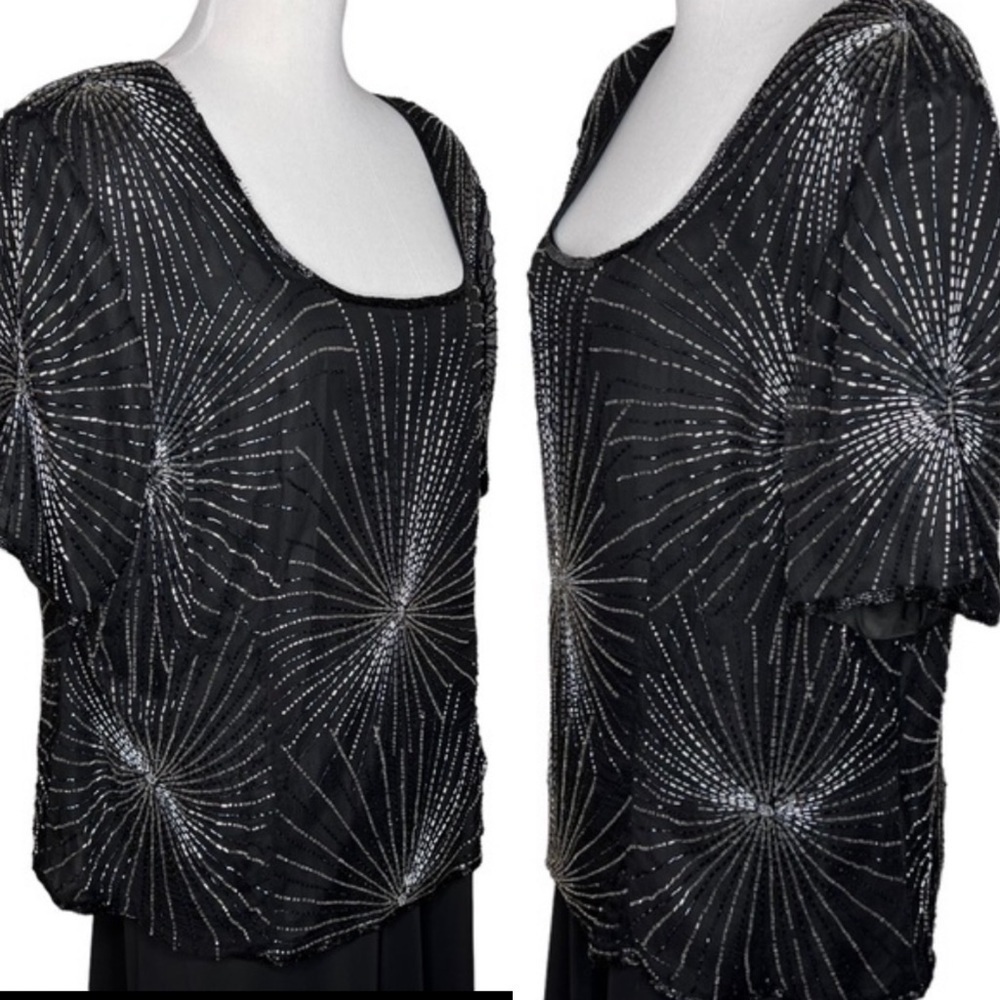 Vintage 80βs Papell Black Silk Beaded Scoop Neck Short Sleeve Cocktail Blouse 3X - Picture 3 of 15